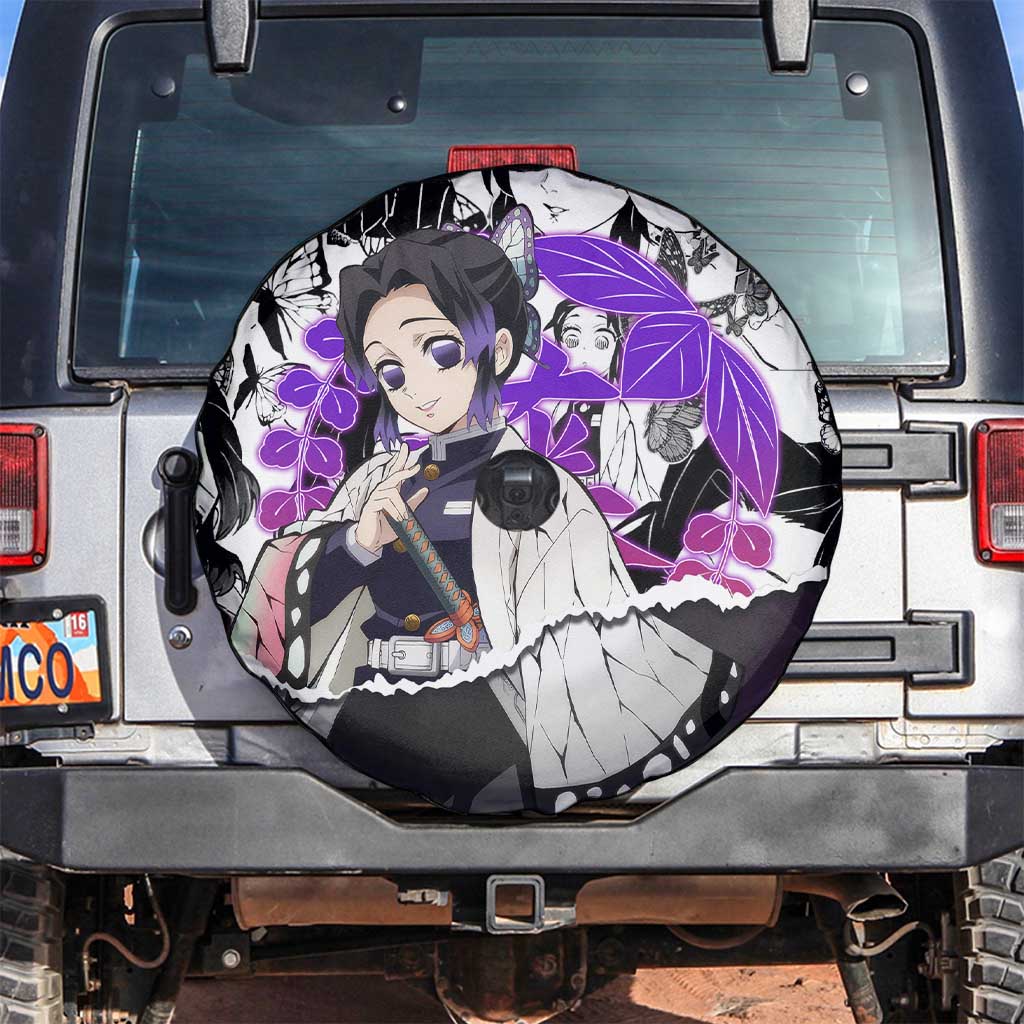 Shinobu Kocho Demon Slayer Butterfly Theme Spare Tire Cover with Purple Accents and Manga Collage Design - The Mazicc