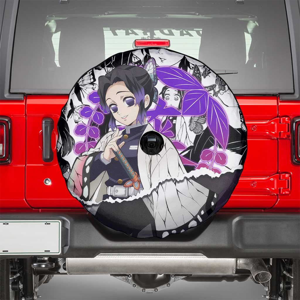 Shinobu Kocho Demon Slayer Butterfly Theme Spare Tire Cover with Purple Accents and Manga Collage Design - The Mazicc