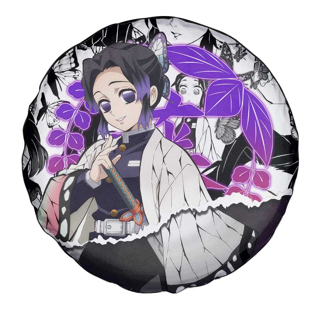 Shinobu Kocho Demon Slayer Butterfly Theme Spare Tire Cover with Purple Accents and Manga Collage Design - The Mazicc