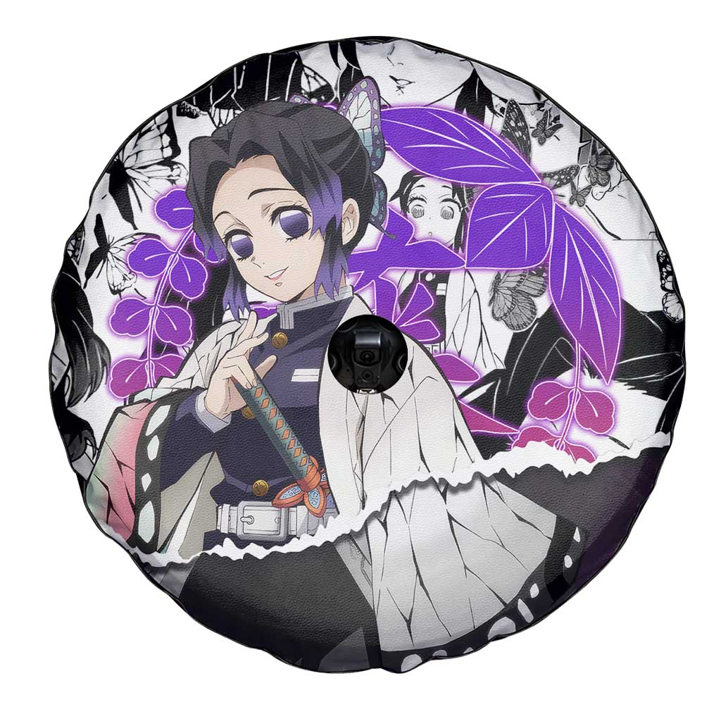 Shinobu Kocho Demon Slayer Butterfly Theme Spare Tire Cover with Purple Accents and Manga Collage Design - The Mazicc