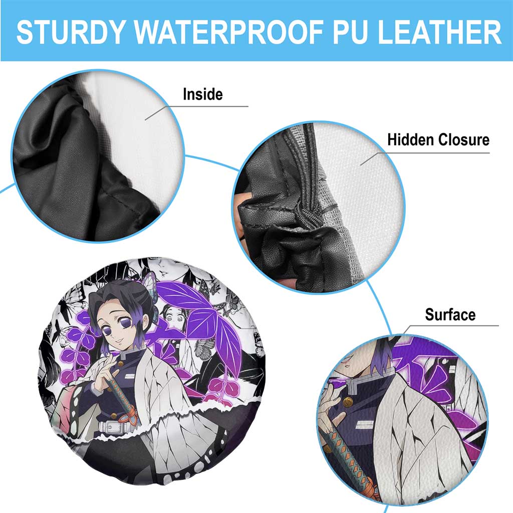 Shinobu Kocho Demon Slayer Butterfly Theme Spare Tire Cover with Purple Accents and Manga Collage Design - The Mazicc