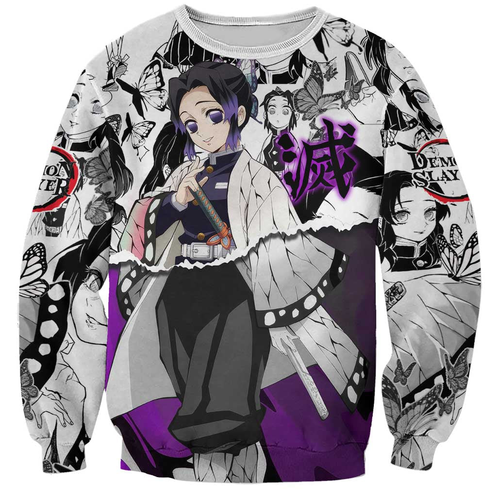 Shinobu Kocho Demon Slayer Butterfly Theme Sweatshirt with Purple Accents and Manga Collage Design - The Mazicc