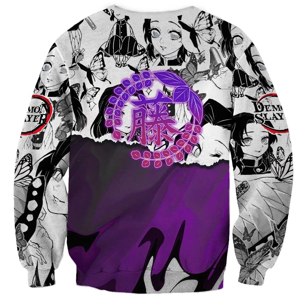 Shinobu Kocho Demon Slayer Butterfly Theme Sweatshirt with Purple Accents and Manga Collage Design - The Mazicc