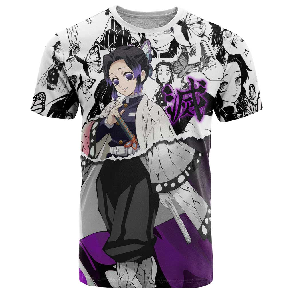 Shinobu Kocho Demon Slayer Butterfly Theme T Shirt with Purple Accents and Manga Collage Design - The Mazicc
