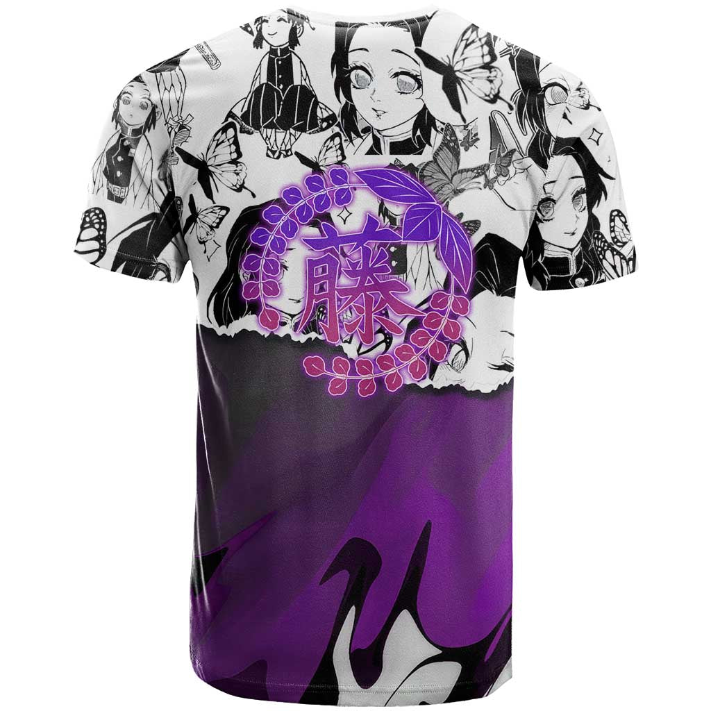 Shinobu Kocho Demon Slayer Butterfly Theme T Shirt with Purple Accents and Manga Collage Design - The Mazicc