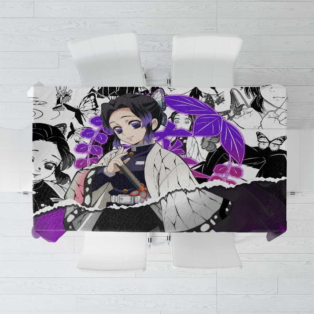 Shinobu Kocho Demon Slayer Butterfly Theme Tablecloth with Purple Accents and Manga Collage Design - The Mazicc