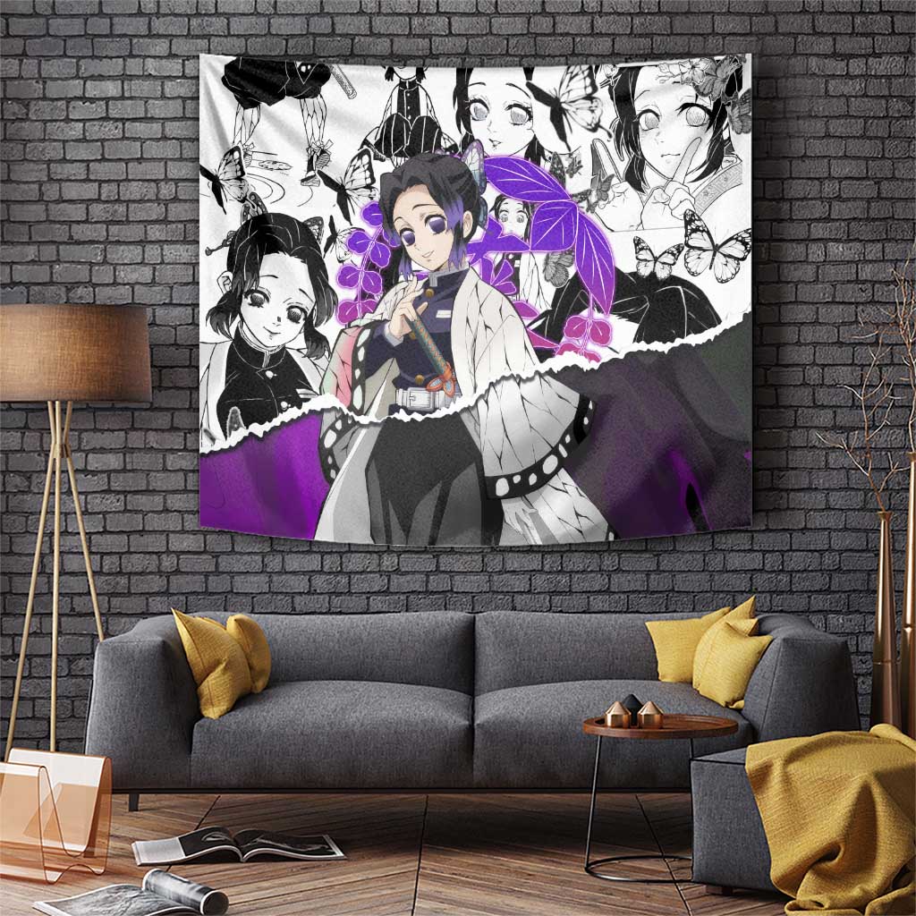 Shinobu Kocho Demon Slayer Butterfly Theme Tapestry with Purple Accents and Manga Collage Design - The Mazicc