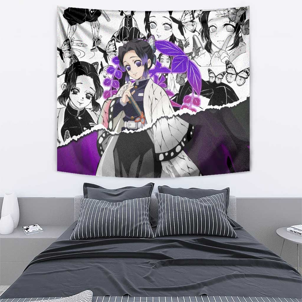 Shinobu Kocho Demon Slayer Butterfly Theme Tapestry with Purple Accents and Manga Collage Design - The Mazicc
