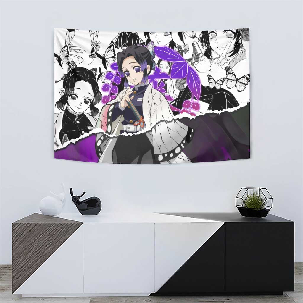 Shinobu Kocho Demon Slayer Butterfly Theme Tapestry with Purple Accents and Manga Collage Design - The Mazicc