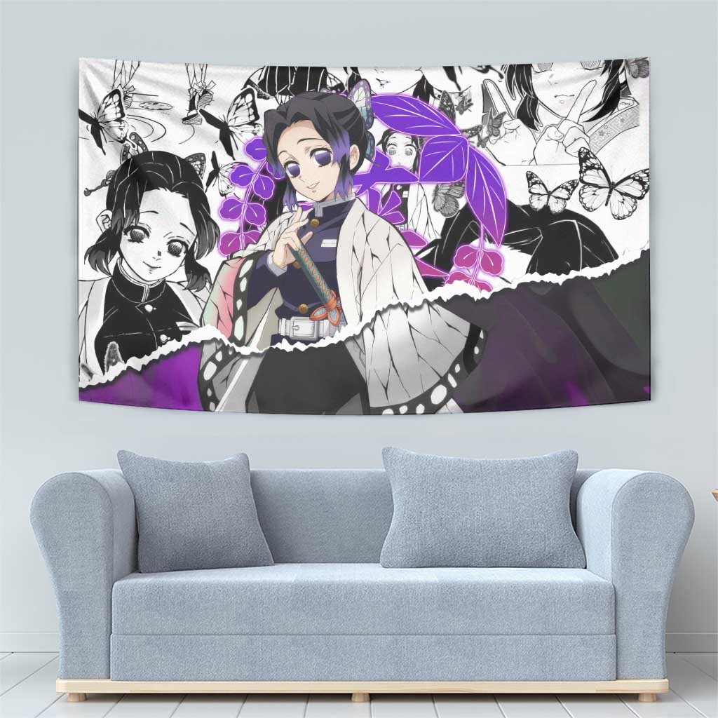 Shinobu Kocho Demon Slayer Butterfly Theme Tapestry with Purple Accents and Manga Collage Design - The Mazicc