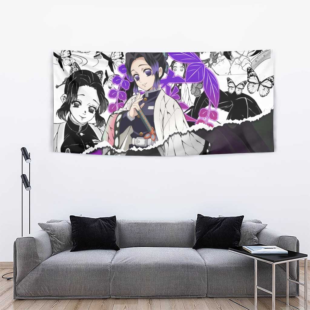 Shinobu Kocho Demon Slayer Butterfly Theme Tapestry with Purple Accents and Manga Collage Design - The Mazicc