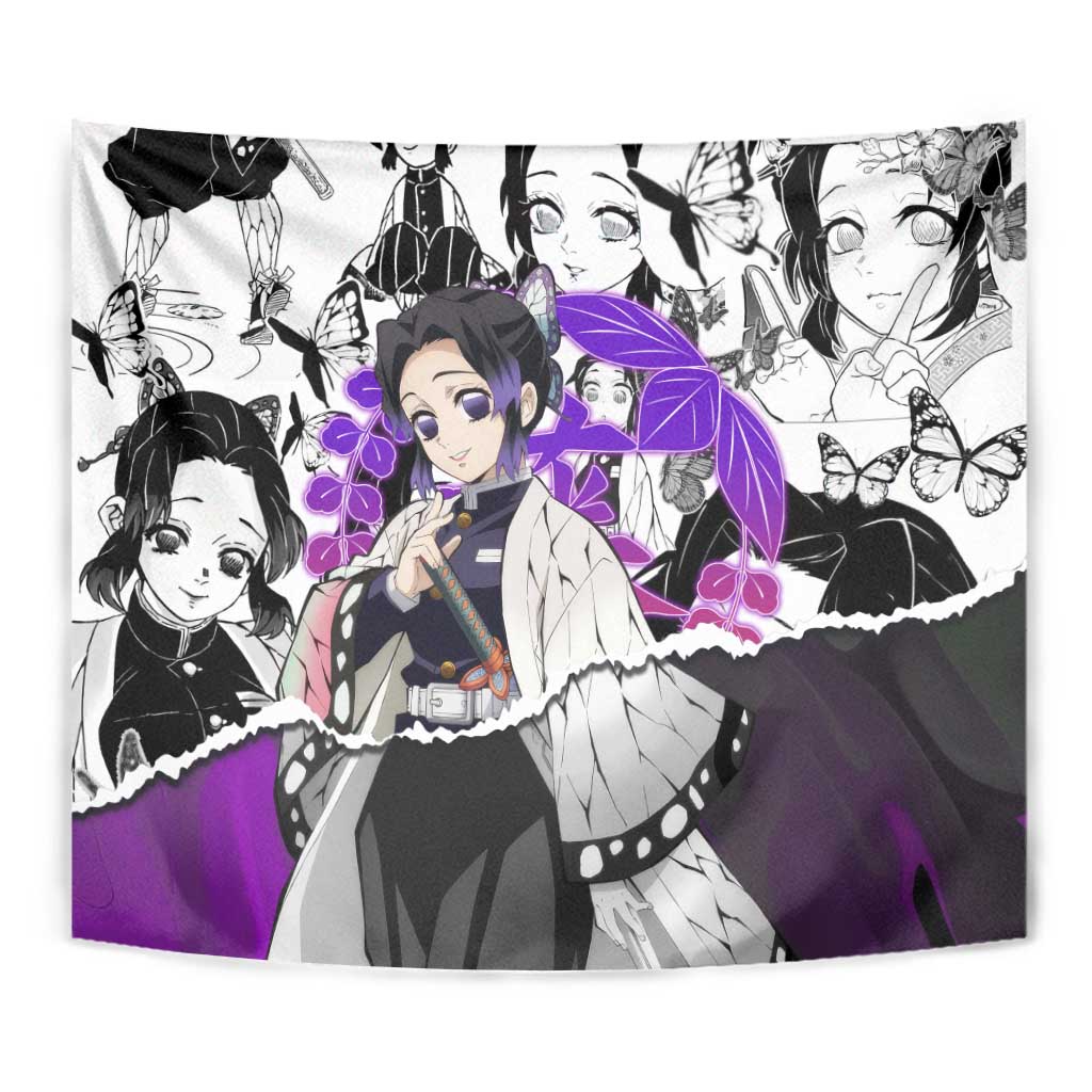 Shinobu Kocho Demon Slayer Butterfly Theme Tapestry with Purple Accents and Manga Collage Design - The Mazicc