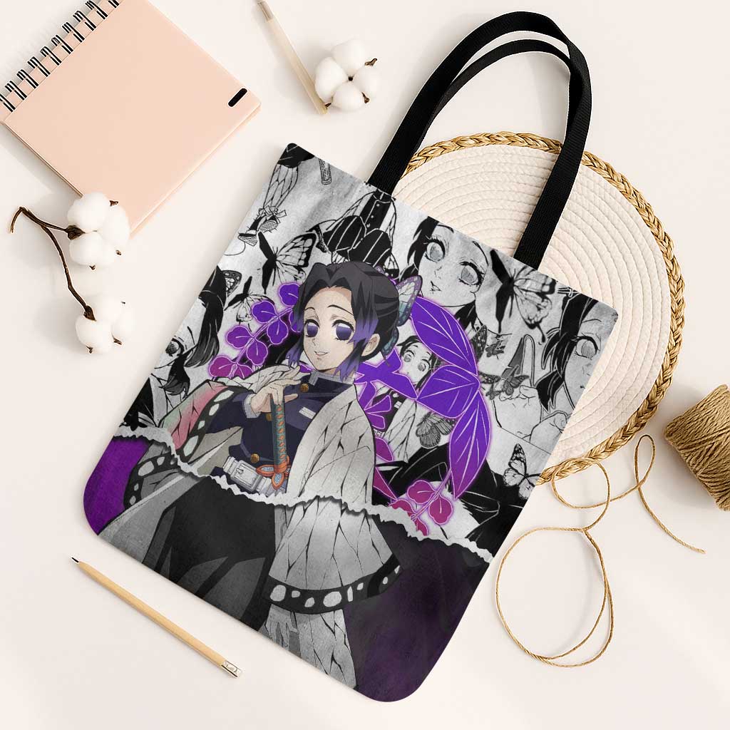 Shinobu Kocho Demon Slayer Butterfly Theme Tote Bag with Purple Accents and Manga Collage Design - The Mazicc