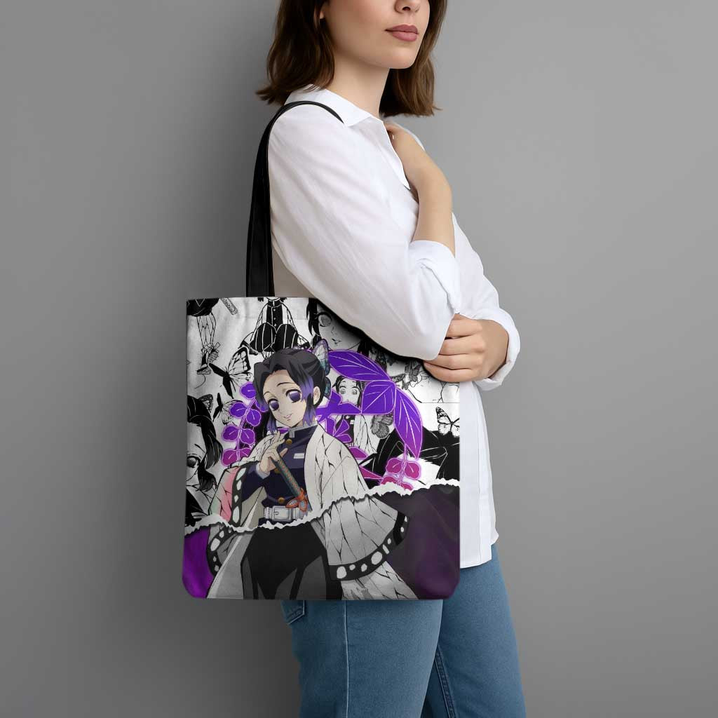 Shinobu Kocho Demon Slayer Butterfly Theme Tote Bag with Purple Accents and Manga Collage Design - The Mazicc