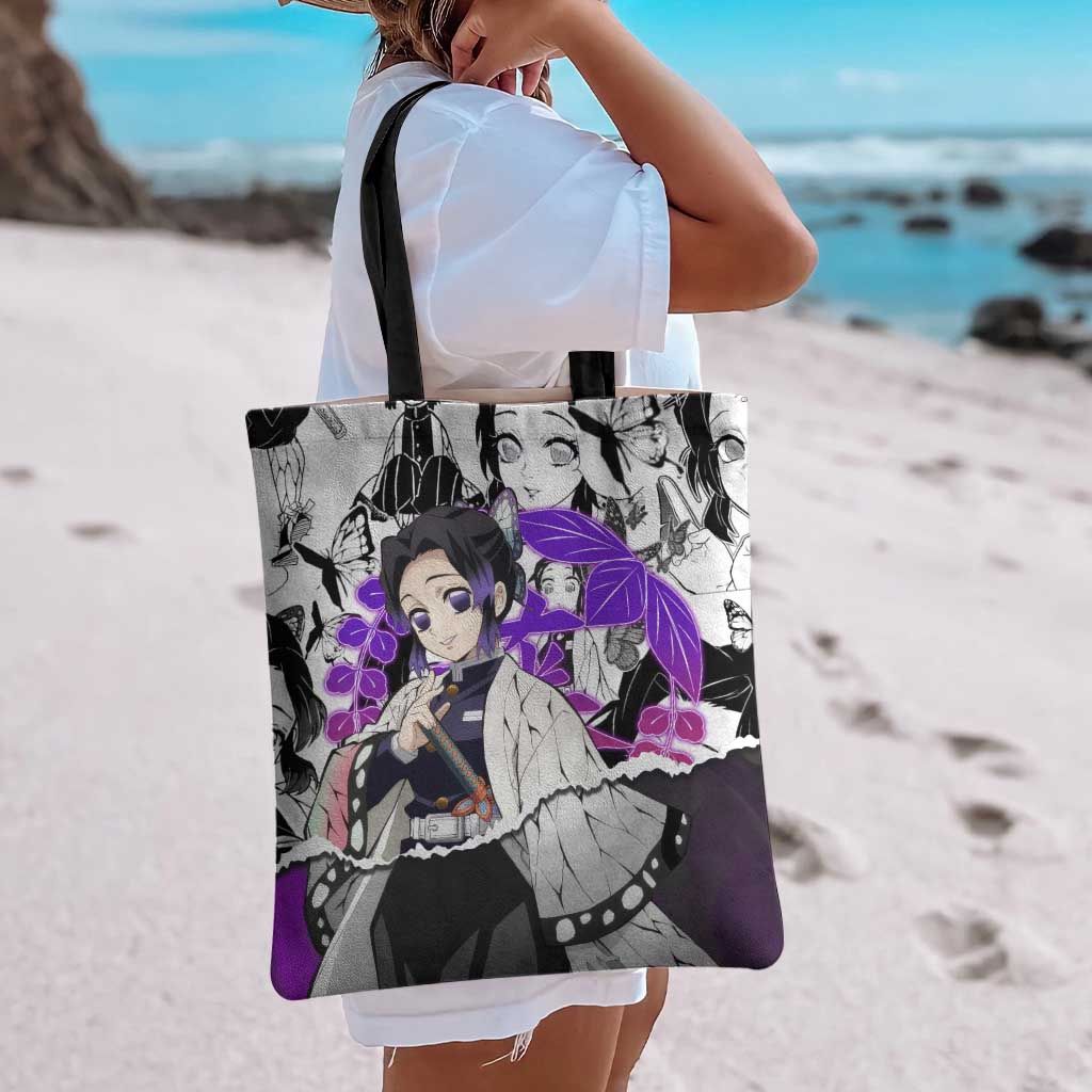 Shinobu Kocho Demon Slayer Butterfly Theme Tote Bag with Purple Accents and Manga Collage Design - The Mazicc