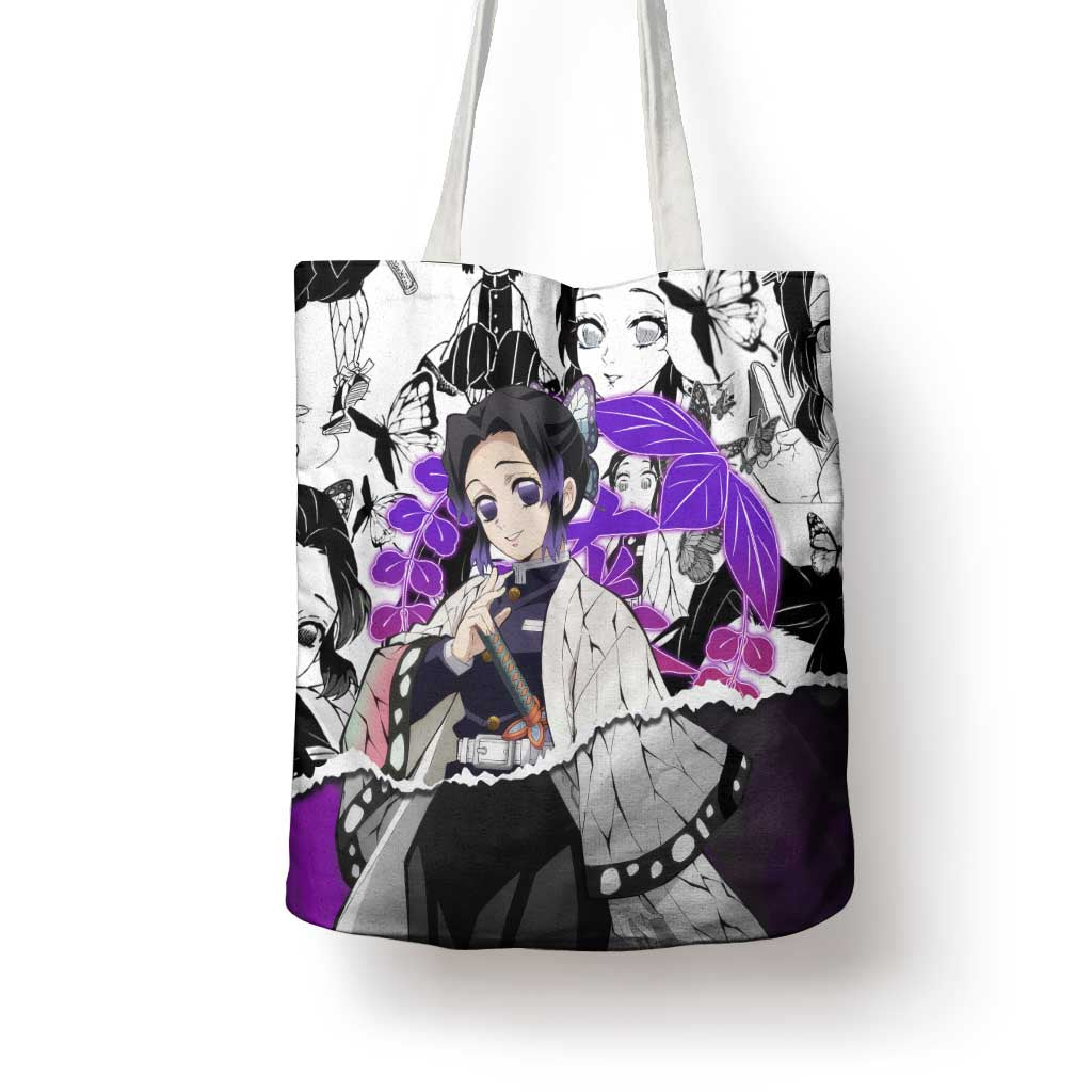 Shinobu Kocho Demon Slayer Butterfly Theme Tote Bag with Purple Accents and Manga Collage Design - The Mazicc