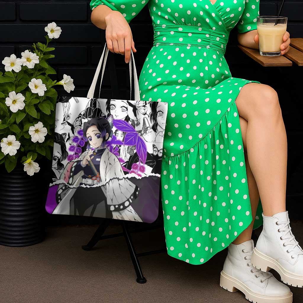 Shinobu Kocho Demon Slayer Butterfly Theme Tote Bag with Purple Accents and Manga Collage Design - The Mazicc