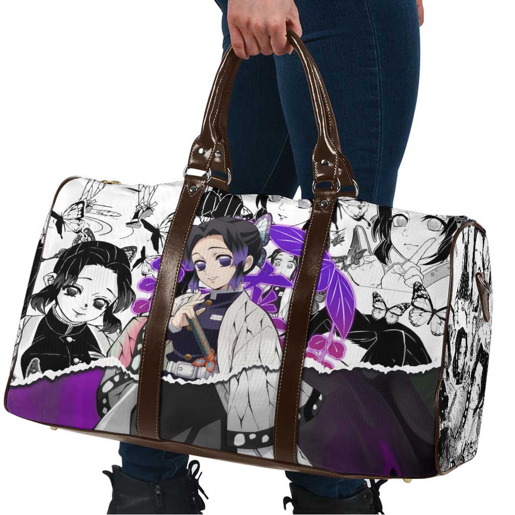 Shinobu Kocho Demon Slayer Butterfly Theme Travel Bag with Purple Accents and Manga Collage Design - The Mazicc