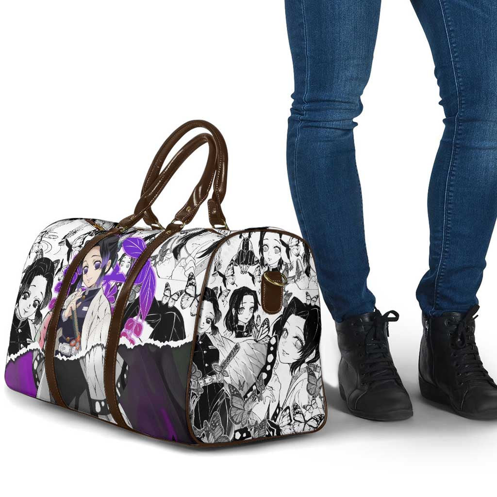 Shinobu Kocho Demon Slayer Butterfly Theme Travel Bag with Purple Accents and Manga Collage Design - The Mazicc