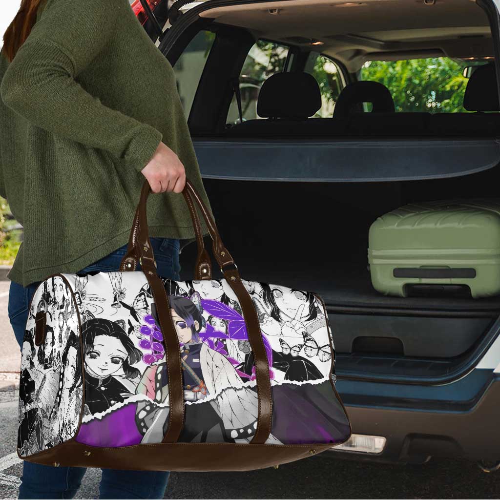 Shinobu Kocho Demon Slayer Butterfly Theme Travel Bag with Purple Accents and Manga Collage Design - The Mazicc
