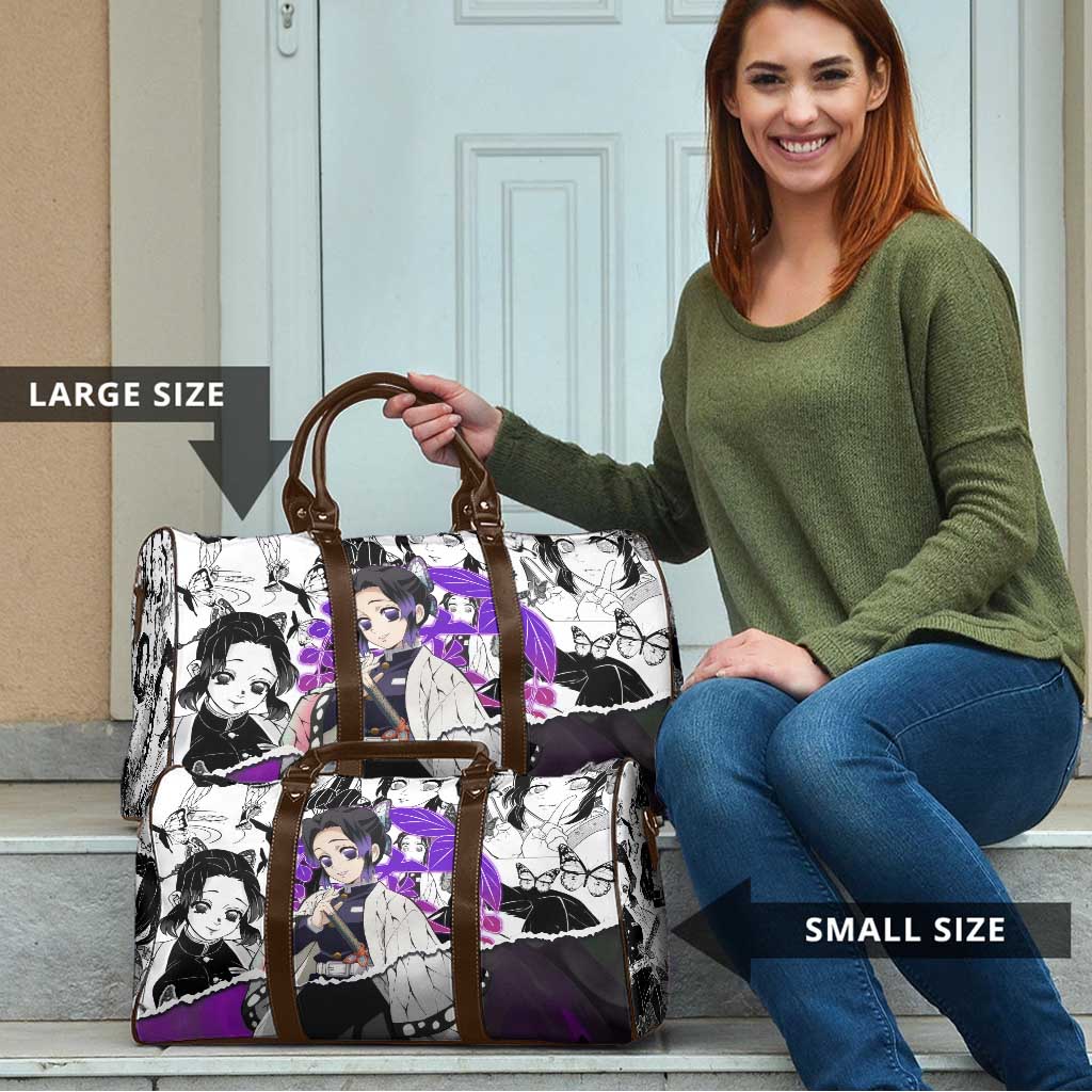 Shinobu Kocho Demon Slayer Butterfly Theme Travel Bag with Purple Accents and Manga Collage Design - The Mazicc