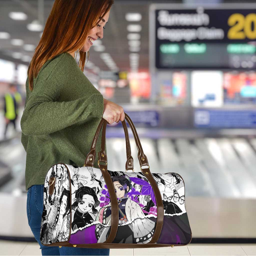 Shinobu Kocho Demon Slayer Butterfly Theme Travel Bag with Purple Accents and Manga Collage Design - The Mazicc