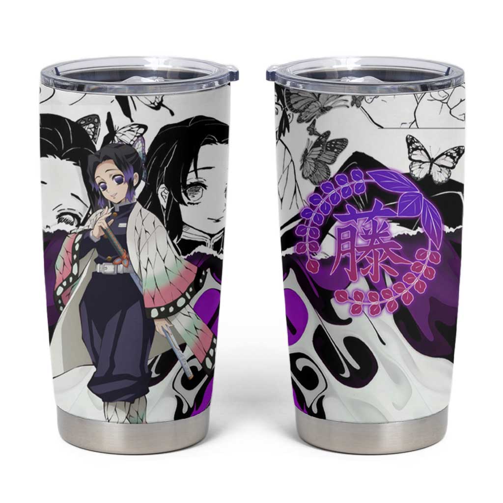 Shinobu Kocho Demon Slayer Butterfly Theme Tumbler Cup with Purple Accents and Manga Collage Design - The Mazicc