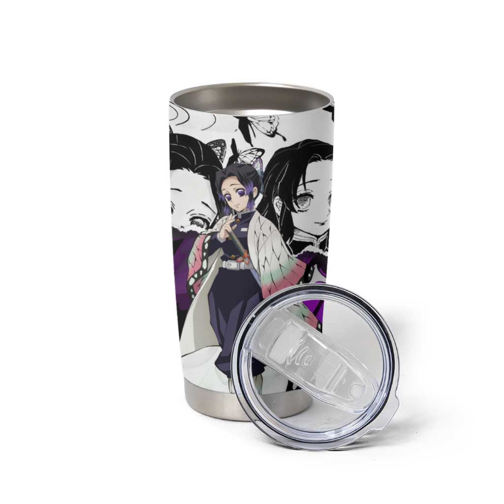 Shinobu Kocho Demon Slayer Butterfly Theme Tumbler Cup with Purple Accents and Manga Collage Design - The Mazicc