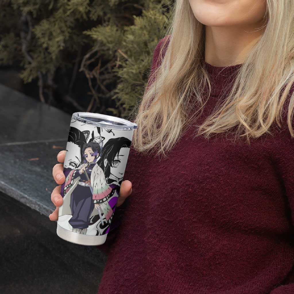 Shinobu Kocho Demon Slayer Butterfly Theme Tumbler Cup with Purple Accents and Manga Collage Design - The Mazicc