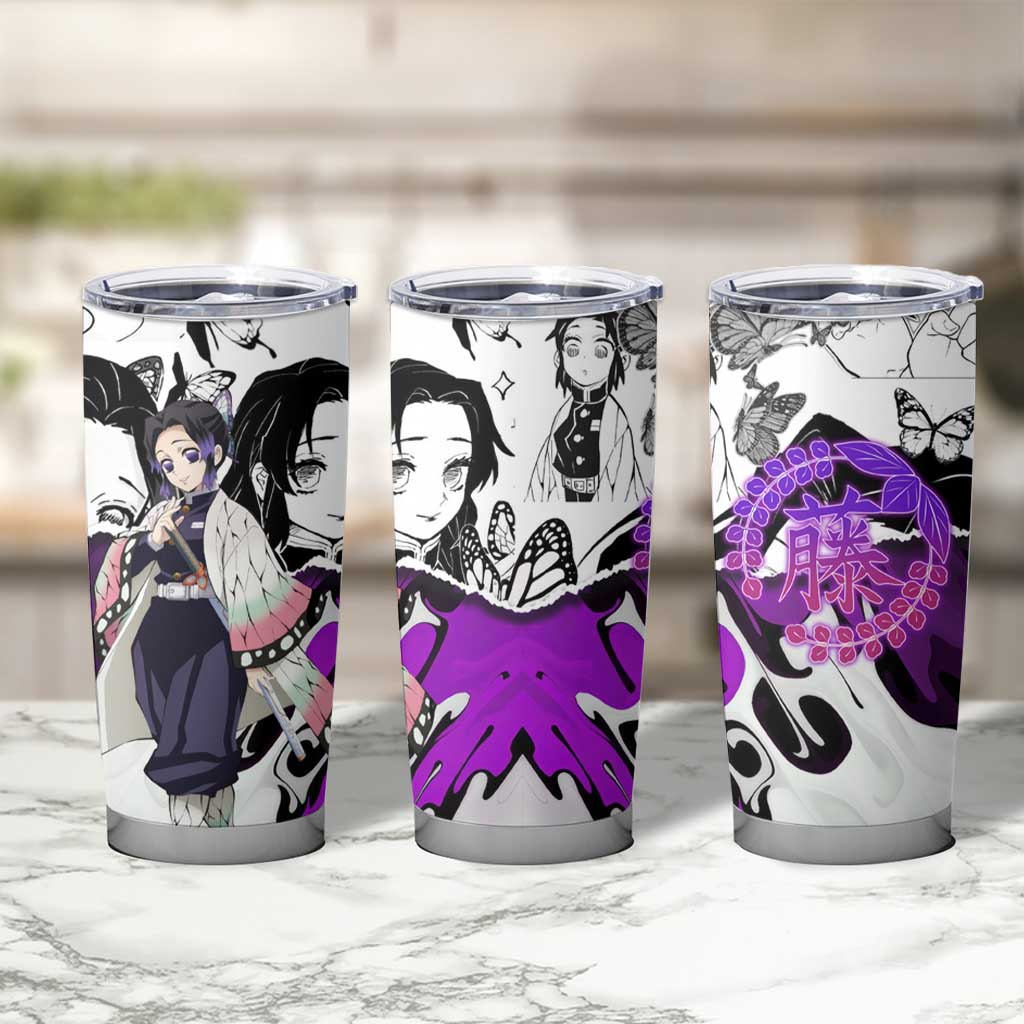 Shinobu Kocho Demon Slayer Butterfly Theme Tumbler Cup with Purple Accents and Manga Collage Design - The Mazicc