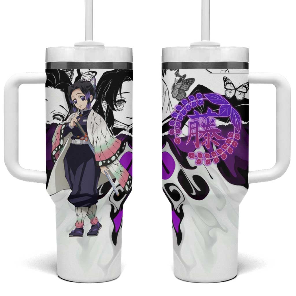 Shinobu Kocho Demon Slayer Butterfly Theme Tumbler With Handle with Purple Accents and Manga Collage Design - The Mazicc
