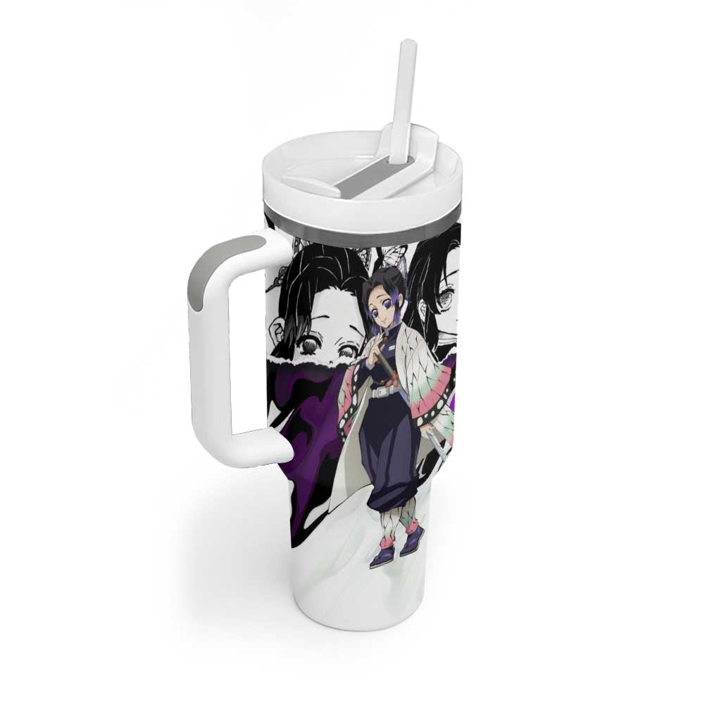 Shinobu Kocho Demon Slayer Butterfly Theme Tumbler With Handle with Purple Accents and Manga Collage Design - The Mazicc