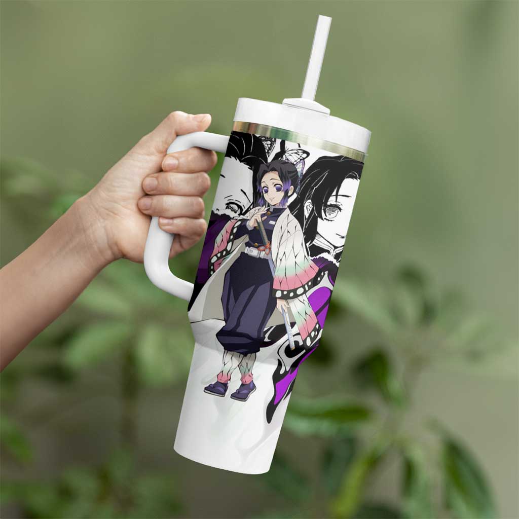 Shinobu Kocho Demon Slayer Butterfly Theme Tumbler With Handle with Purple Accents and Manga Collage Design - The Mazicc
