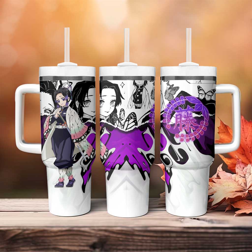Shinobu Kocho Demon Slayer Butterfly Theme Tumbler With Handle with Purple Accents and Manga Collage Design - The Mazicc