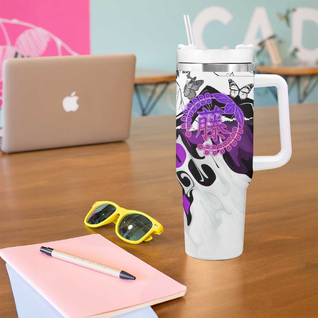 Shinobu Kocho Demon Slayer Butterfly Theme Tumbler With Handle with Purple Accents and Manga Collage Design - The Mazicc