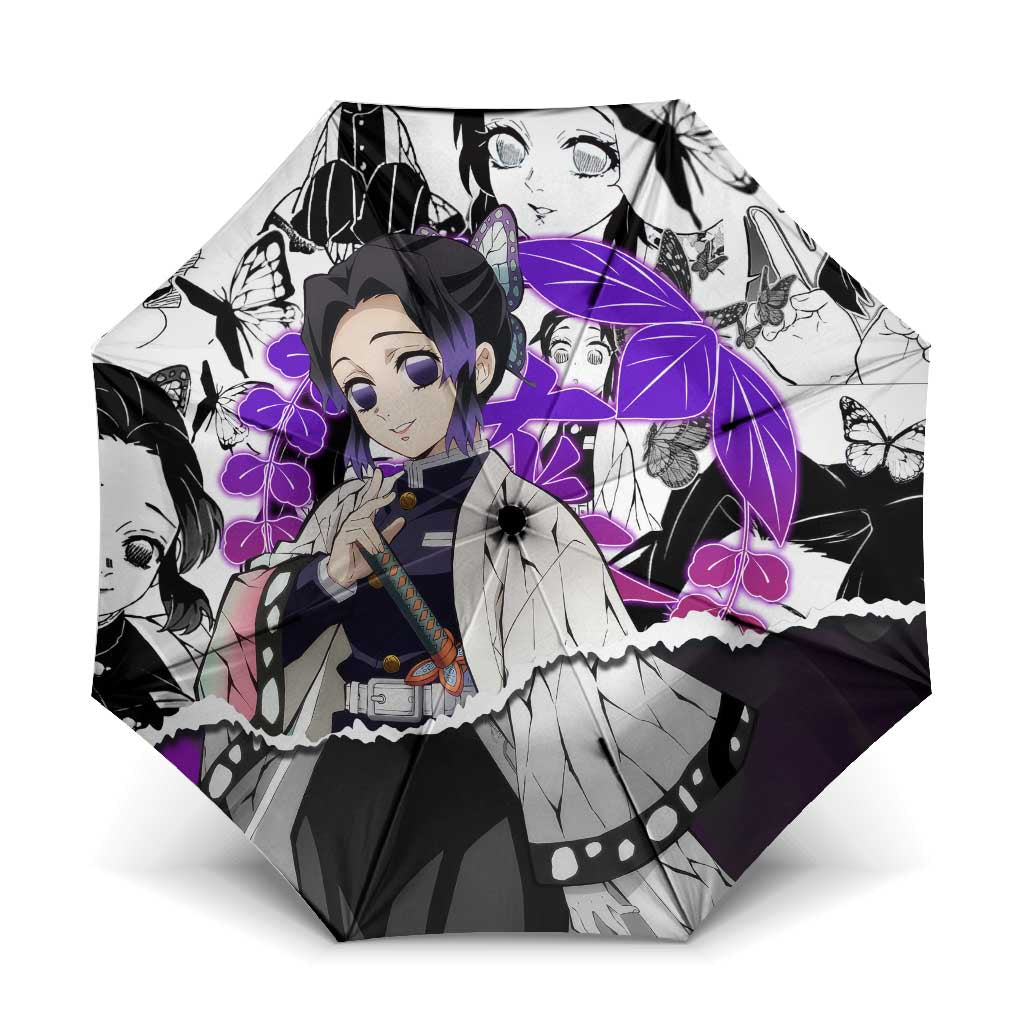 Shinobu Kocho Demon Slayer Butterfly Theme Umbrella with Purple Accents and Manga Collage Design - The Mazicc
