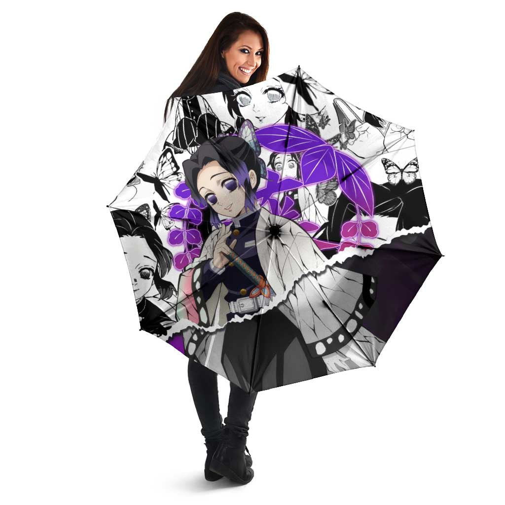 Shinobu Kocho Demon Slayer Butterfly Theme Umbrella with Purple Accents and Manga Collage Design - The Mazicc