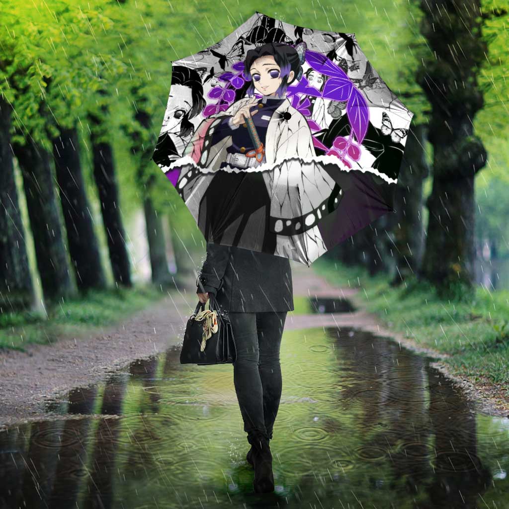 Shinobu Kocho Demon Slayer Butterfly Theme Umbrella with Purple Accents and Manga Collage Design - The Mazicc