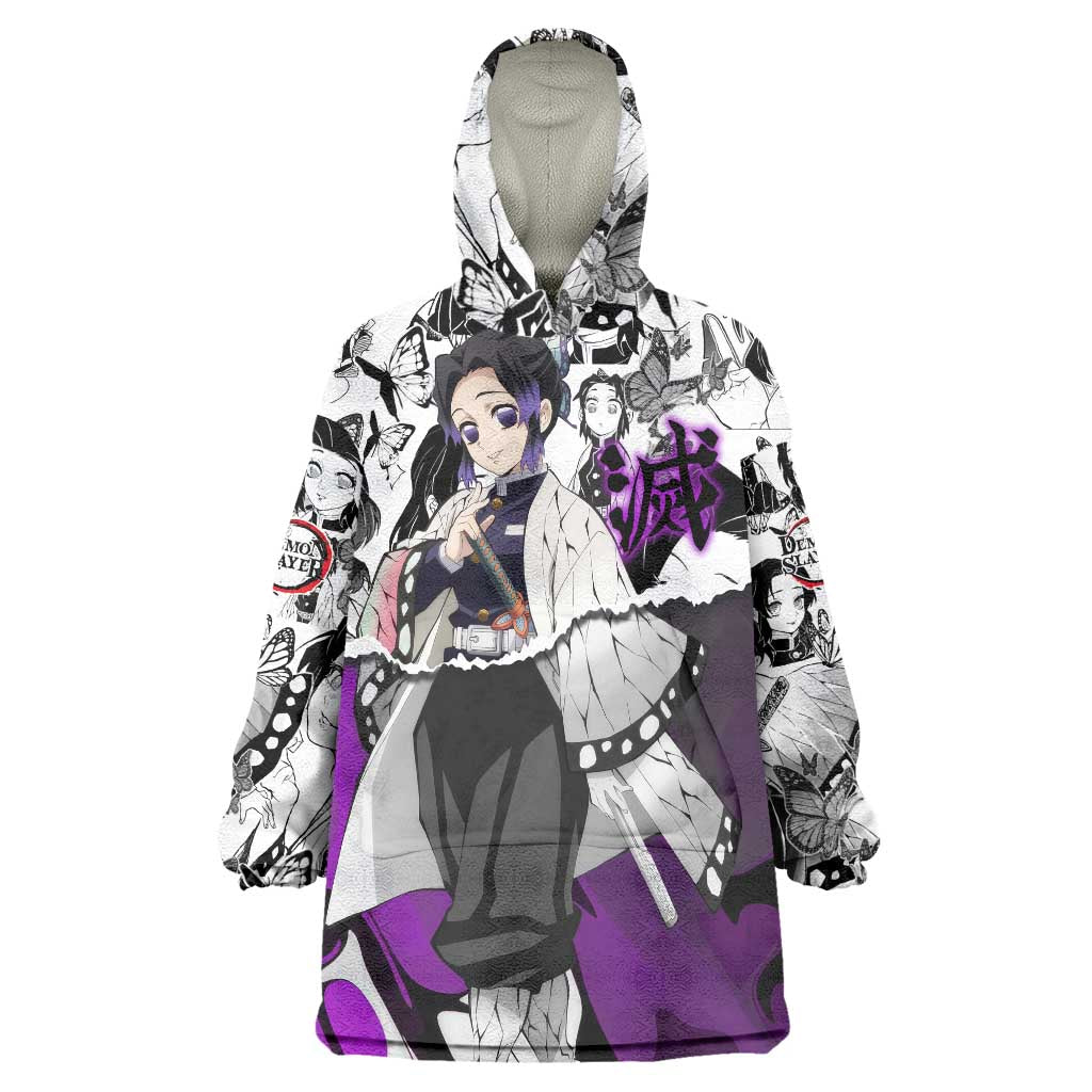 Shinobu Kocho Demon Slayer Butterfly Theme Wearable Blanket Hoodie with Purple Accents and Manga Collage Design - The Mazicc