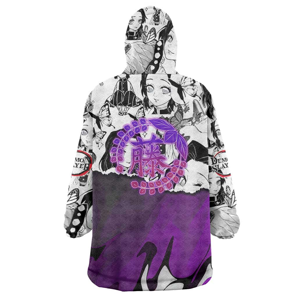 Shinobu Kocho Demon Slayer Butterfly Theme Wearable Blanket Hoodie with Purple Accents and Manga Collage Design - The Mazicc