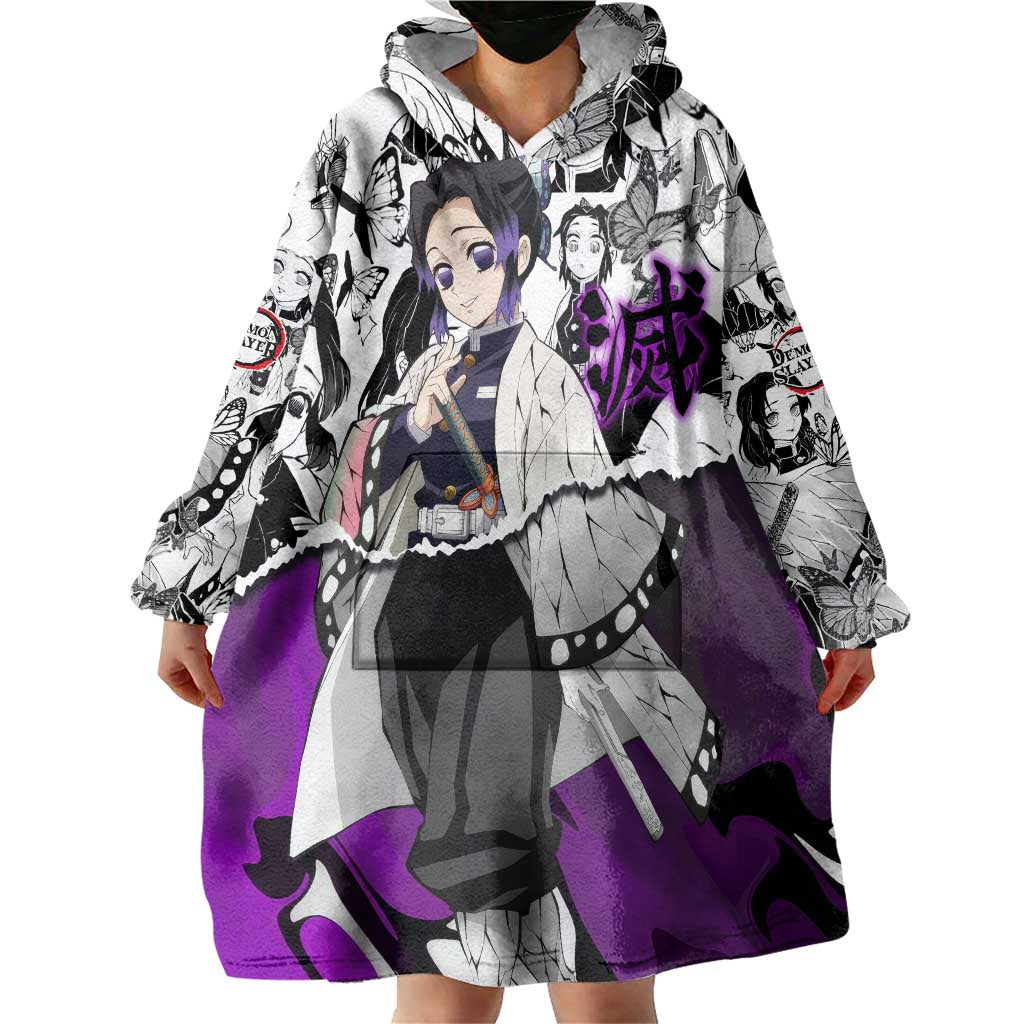 Shinobu Kocho Demon Slayer Butterfly Theme Wearable Blanket Hoodie with Purple Accents and Manga Collage Design - The Mazicc