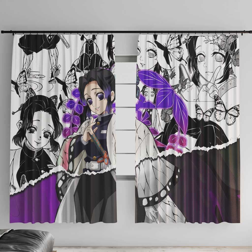 Shinobu Kocho Demon Slayer Butterfly Theme Window Curtain with Purple Accents and Manga Collage Design - The Mazicc