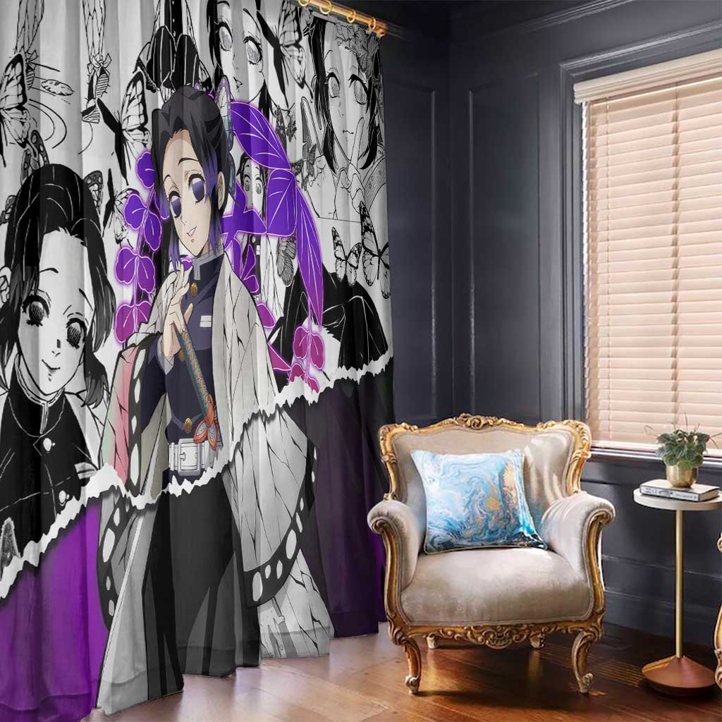 Shinobu Kocho Demon Slayer Butterfly Theme Window Curtain with Purple Accents and Manga Collage Design - The Mazicc