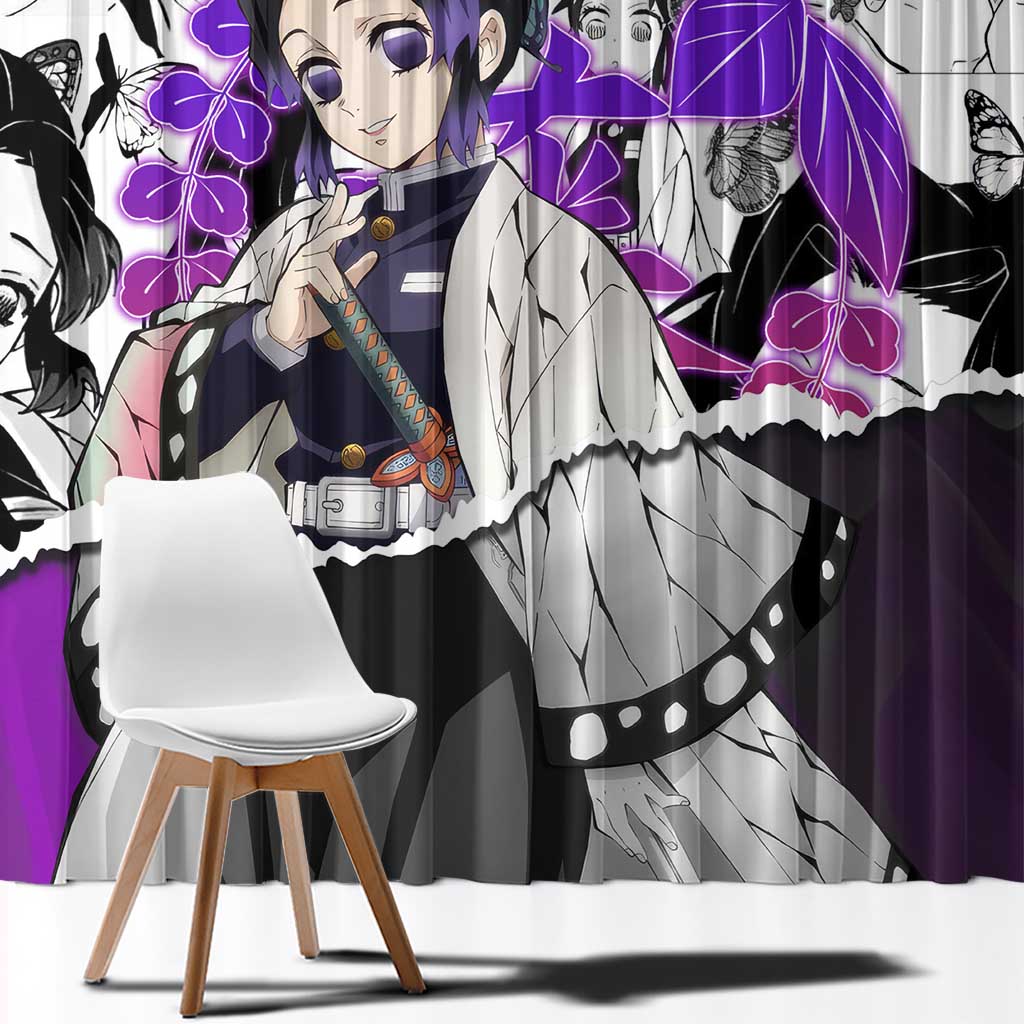 Shinobu Kocho Demon Slayer Butterfly Theme Window Curtain with Purple Accents and Manga Collage Design - The Mazicc