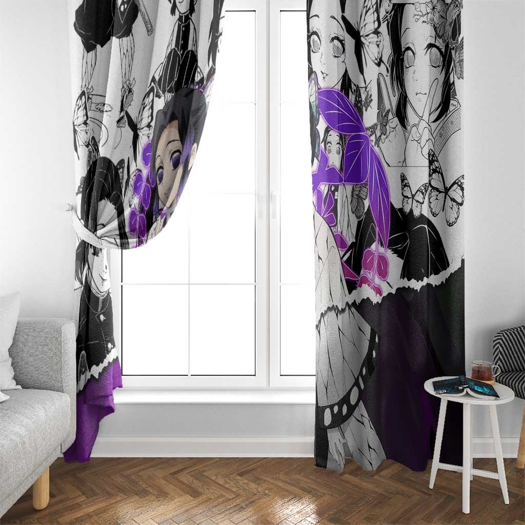 Shinobu Kocho Demon Slayer Butterfly Theme Window Curtain with Purple Accents and Manga Collage Design - The Mazicc