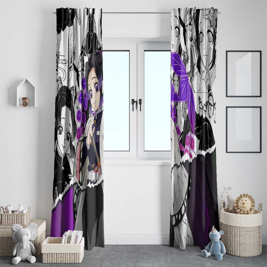 Shinobu Kocho Demon Slayer Butterfly Theme Window Curtain with Purple Accents and Manga Collage Design - The Mazicc