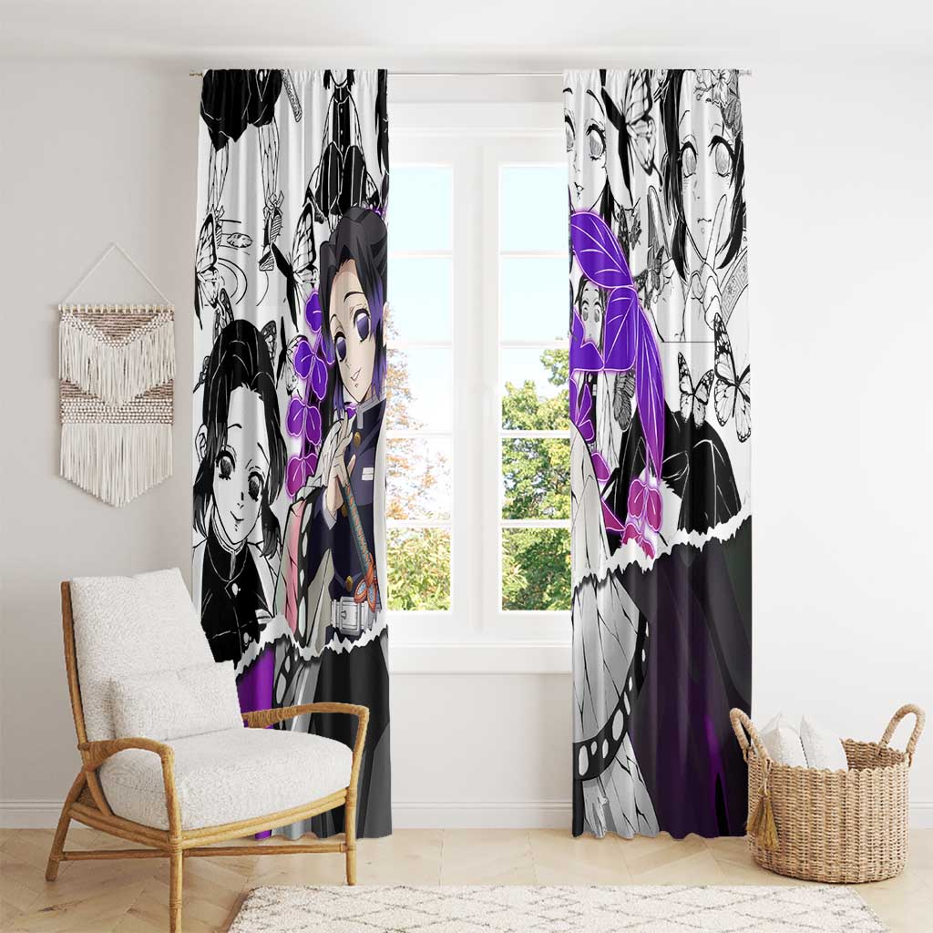 Shinobu Kocho Demon Slayer Butterfly Theme Window Curtain with Purple Accents and Manga Collage Design - The Mazicc