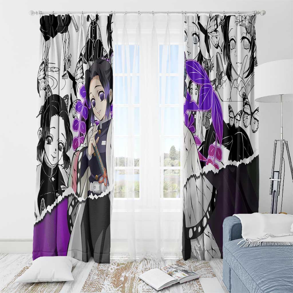 Shinobu Kocho Demon Slayer Butterfly Theme Window Curtain with Purple Accents and Manga Collage Design - The Mazicc