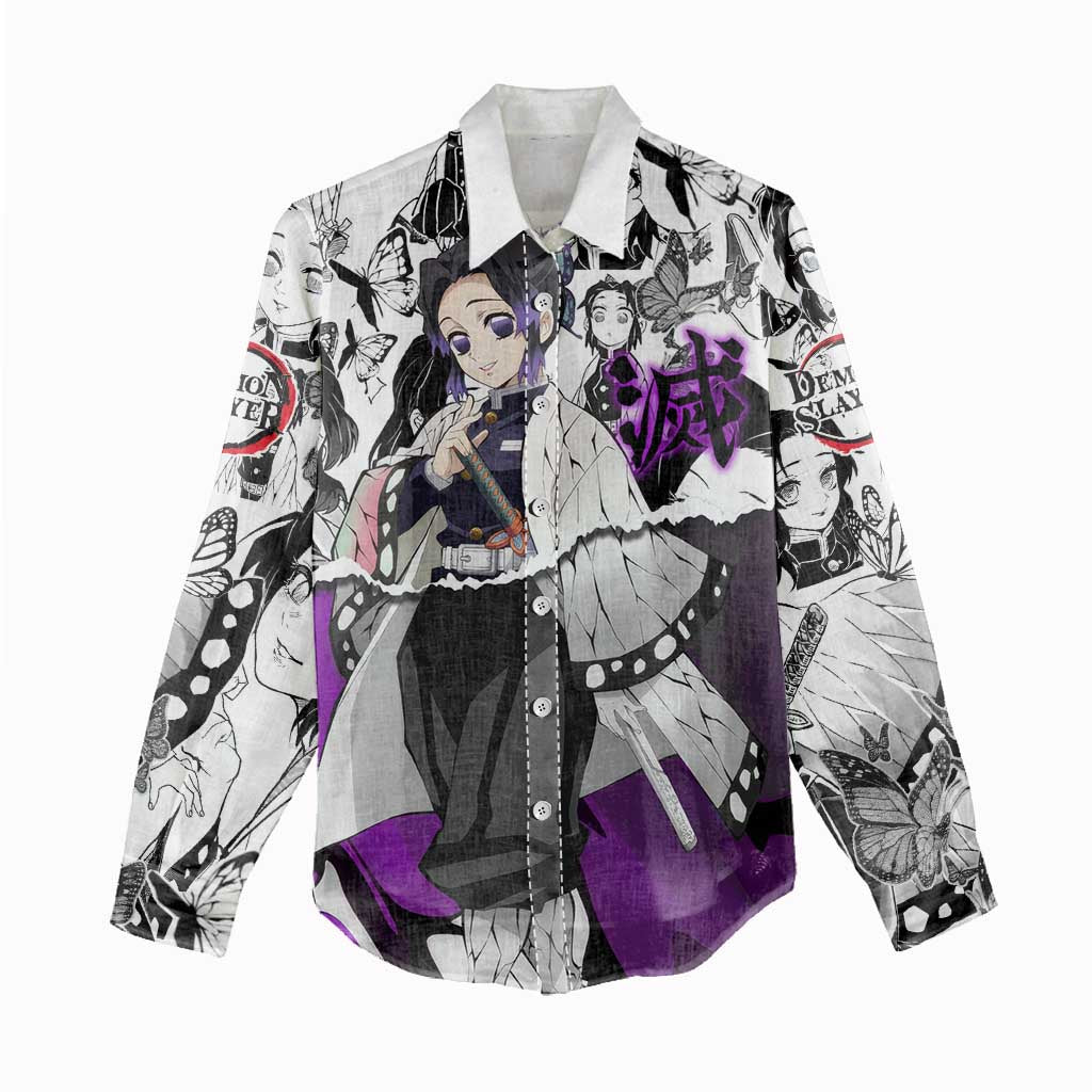 Shinobu Kocho Demon Slayer Butterfly Theme Women Casual Shirt with Purple Accents and Manga Collage Design - The Mazicc