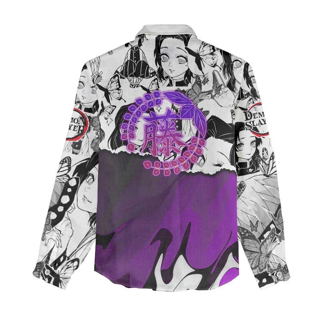 Shinobu Kocho Demon Slayer Butterfly Theme Women Casual Shirt with Purple Accents and Manga Collage Design - The Mazicc